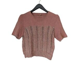 Vintage Pink Wool Blend Pointelle Sweater Short Sleeve Chevron Knit Cottagecore